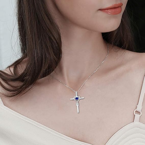 Naszyjnik szafirowy Heart kamienny Cross | Białe złoto