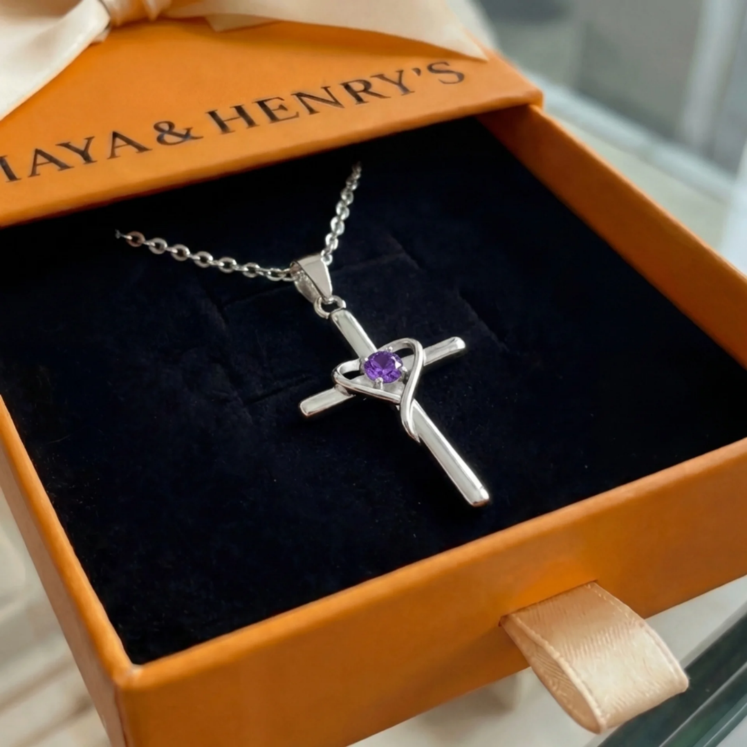 Naszyjnik ametystowy Center Cross | Białe złoto