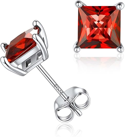 Kolczyki wkrętki minimalistyczne Princess Cut rubinowe | Białe złoto