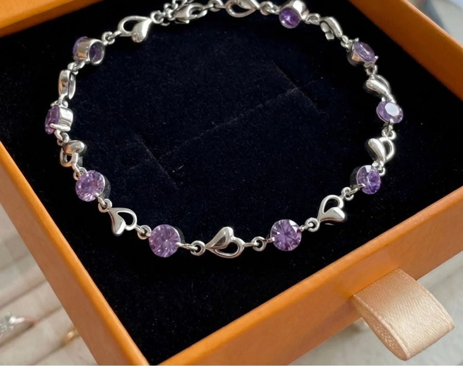 Bransoletka Heart Charm ametystowa | Białe złoto