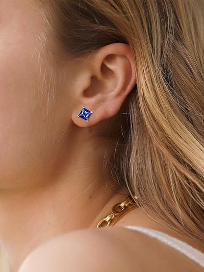 Kolczyki wkrętki minimalistyczne Princess Cut szafirowe | Białe złoto