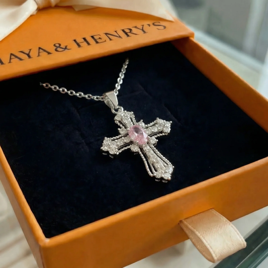 Naszyjnik niebiański różowy Cross | Białe złoto
