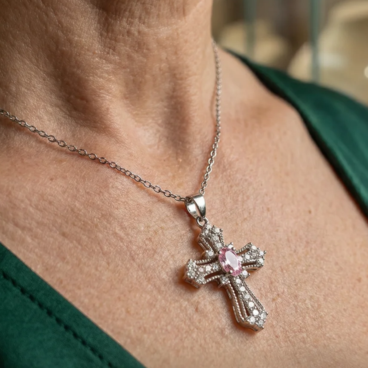 Naszyjnik niebiański różowy Cross | Białe złoto
