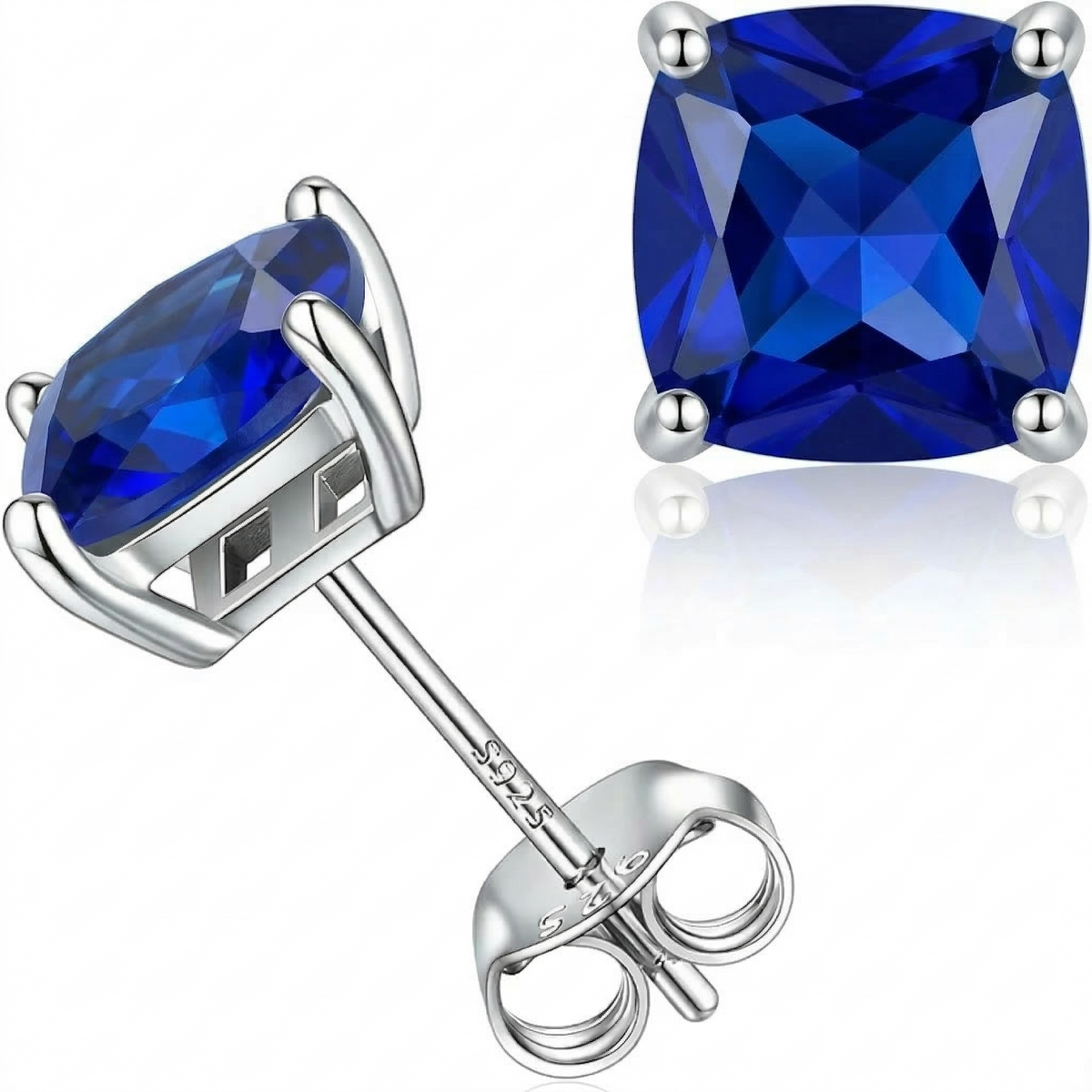 Kolczyki wkrętki minimalistyczne Princess Cut szafirowe | Białe złoto