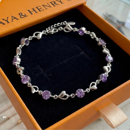 Bransoletka Heart Charm ametystowa | Białe złoto
