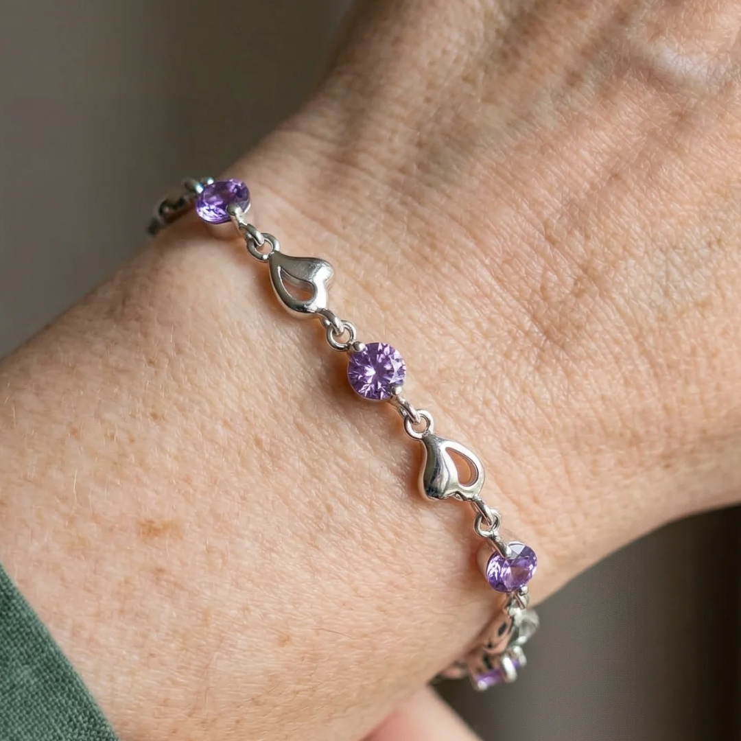 Bransoletka Heart Charm ametystowa | Białe złoto