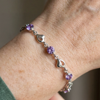 Bransoletka Heart Charm ametystowa | Białe złoto