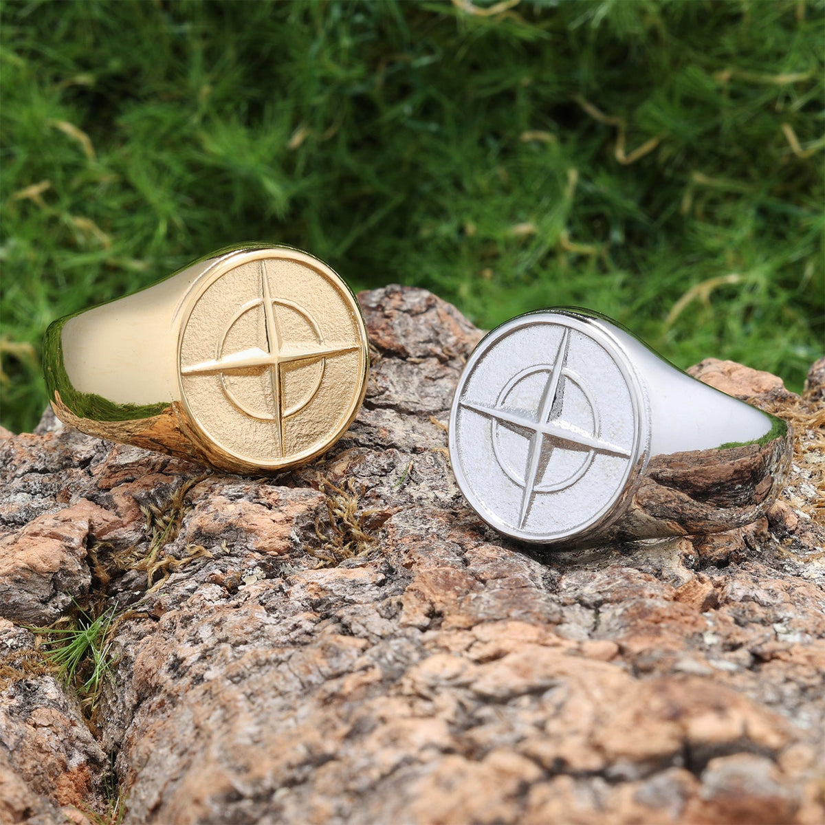 Sygnet klasyczny Compass | Białe złoto