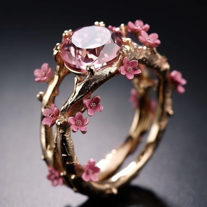 Pierścionek elegancki kryształowy różowy Flower | Złoto