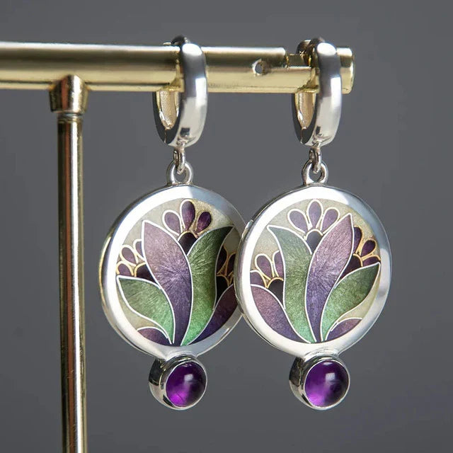 Kolczyki vintage Boho z fioletowe Crystals | Białe złoto