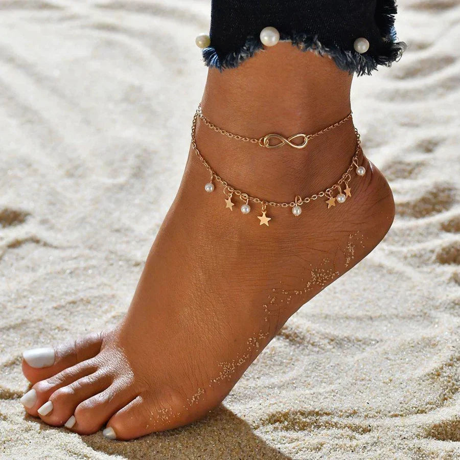 Bransoletka Infinity Anklet + perłowa i Stars | Białe złoto